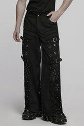 Black Eyelet Ripped Men's Punk Straight Pants
